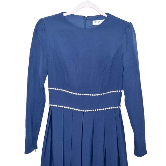 NWT Mac Duggal Size 4 Navy Empire Waist Long Sleeve Pleated Gown - Picture 3 of 10